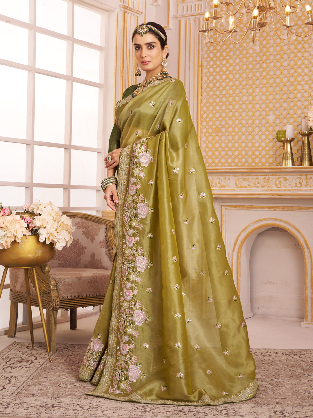 Laxmipati Chakor Olive Green Tissue Organza Saree with Floral Embroidery