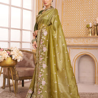 Laxmipati Chakor Olive Green Tissue Organza Saree with Floral Embroidery