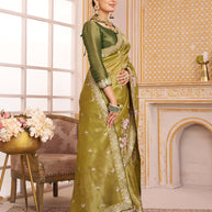 Laxmipati Chakor Olive Green Tissue Organza Saree with Floral Embroidery