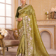 Laxmipati Chakor Olive Green Tissue Organza Saree with Floral Embroidery