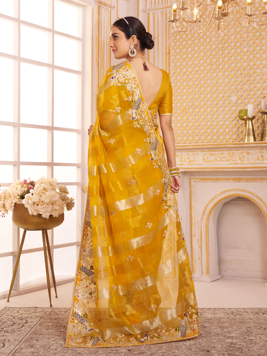 Laxmipati Chakor Mustard Tissue Organza Saree with Floral Embroidery