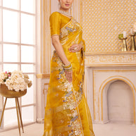 Laxmipati Chakor Mustard Tissue Organza Saree with Floral Embroidery