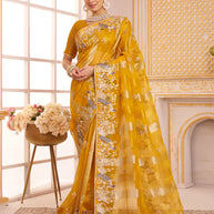 Laxmipati Chakor Mustard Tissue Organza Saree with Floral Embroidery
