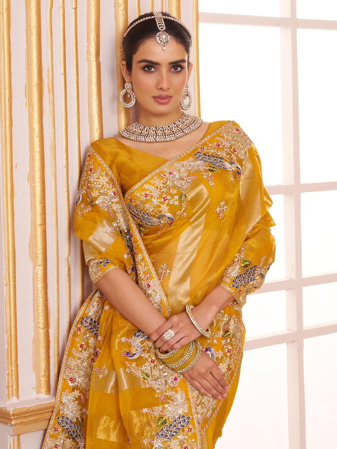Laxmipati Chakor Mustard Tissue Organza Saree with Floral Embroidery