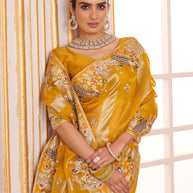 Laxmipati Chakor Mustard Tissue Organza Saree with Floral Embroidery