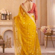 Laxmipati Chakor Mustard Tissue Organza Saree with Floral Embroidery