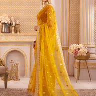 Laxmipati Chakor Mustard Tissue Organza Saree with Floral Embroidery