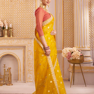 Laxmipati Chakor Mustard Tissue Organza Saree with Floral Embroidery