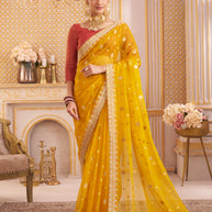 Laxmipati Chakor Mustard Tissue Organza Saree with Floral Embroidery