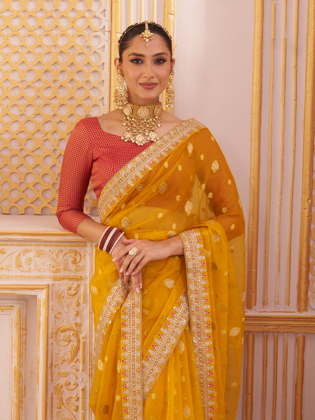 Laxmipati Chakor Mustard Tissue Organza Saree with Floral Embroidery