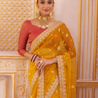 Laxmipati Chakor Mustard Tissue Organza Saree with Floral Embroidery
