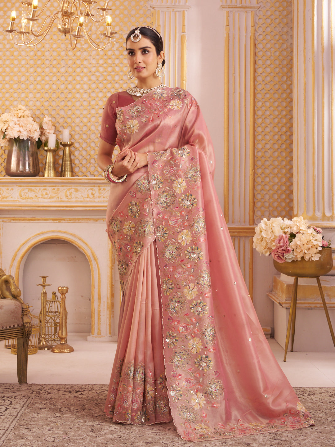 Laxmipati Chakor Pink Tissue Organza Saree with Floral Embroidery