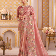 Laxmipati Chakor Pink Tissue Organza Saree with Floral Embroidery