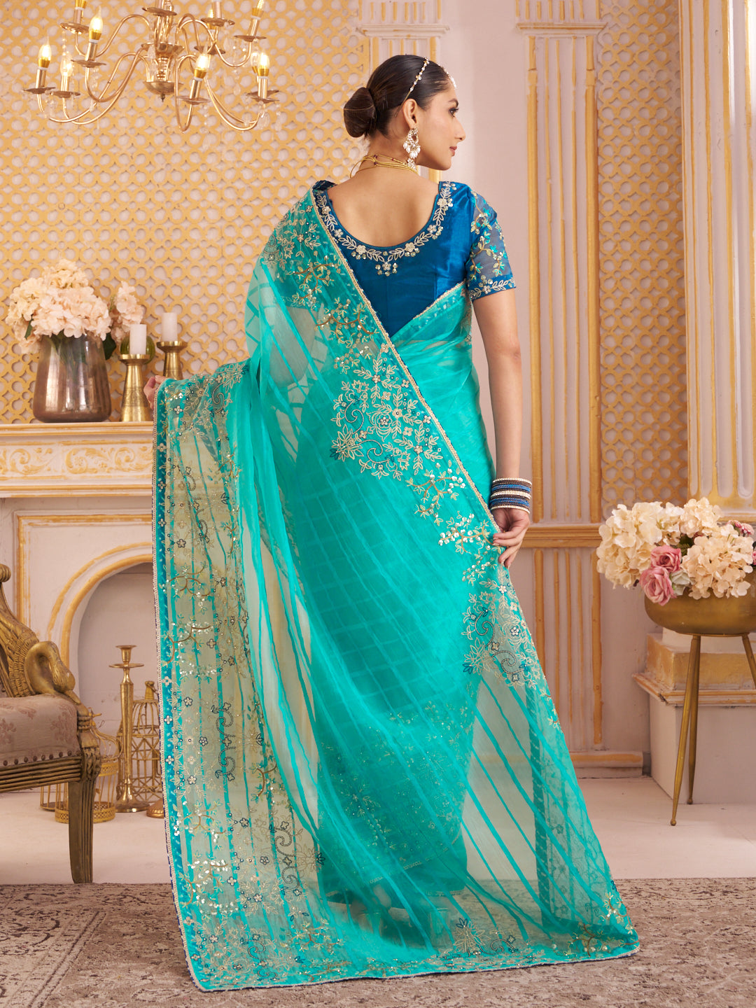 Laxmipati Chakor Teal Blue Tissue Organza Saree with Floral Embroidery