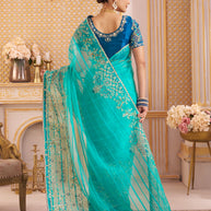Laxmipati Chakor Teal Blue Tissue Organza Saree with Floral Embroidery