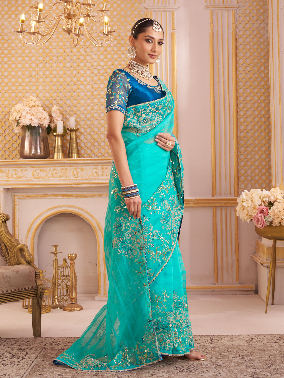 Laxmipati Chakor Teal Blue Tissue Organza Saree with Floral Embroidery