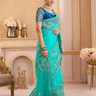 Laxmipati Chakor Teal Blue Tissue Organza Saree with Floral Embroidery