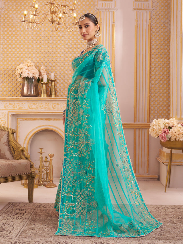 Laxmipati Chakor Teal Blue Tissue Organza Saree with Floral Embroidery
