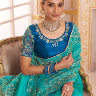 Laxmipati Chakor Teal Blue Tissue Organza Saree with Floral Embroidery