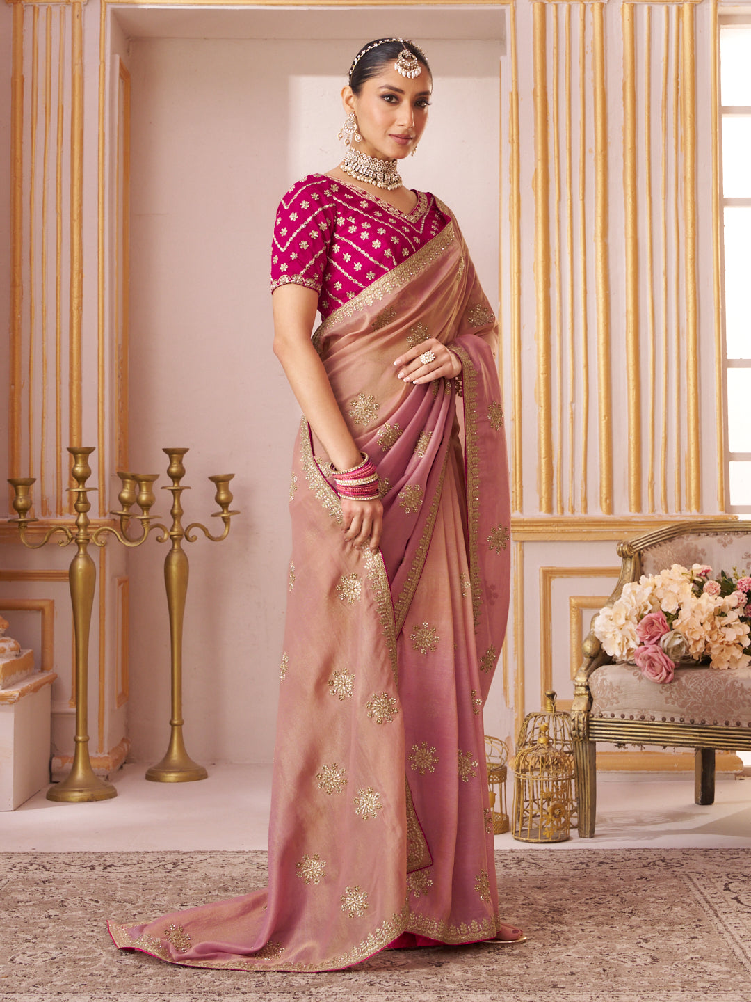 Laxmipati Chakor Pink Tissue Organza Saree with Zari Embroidery