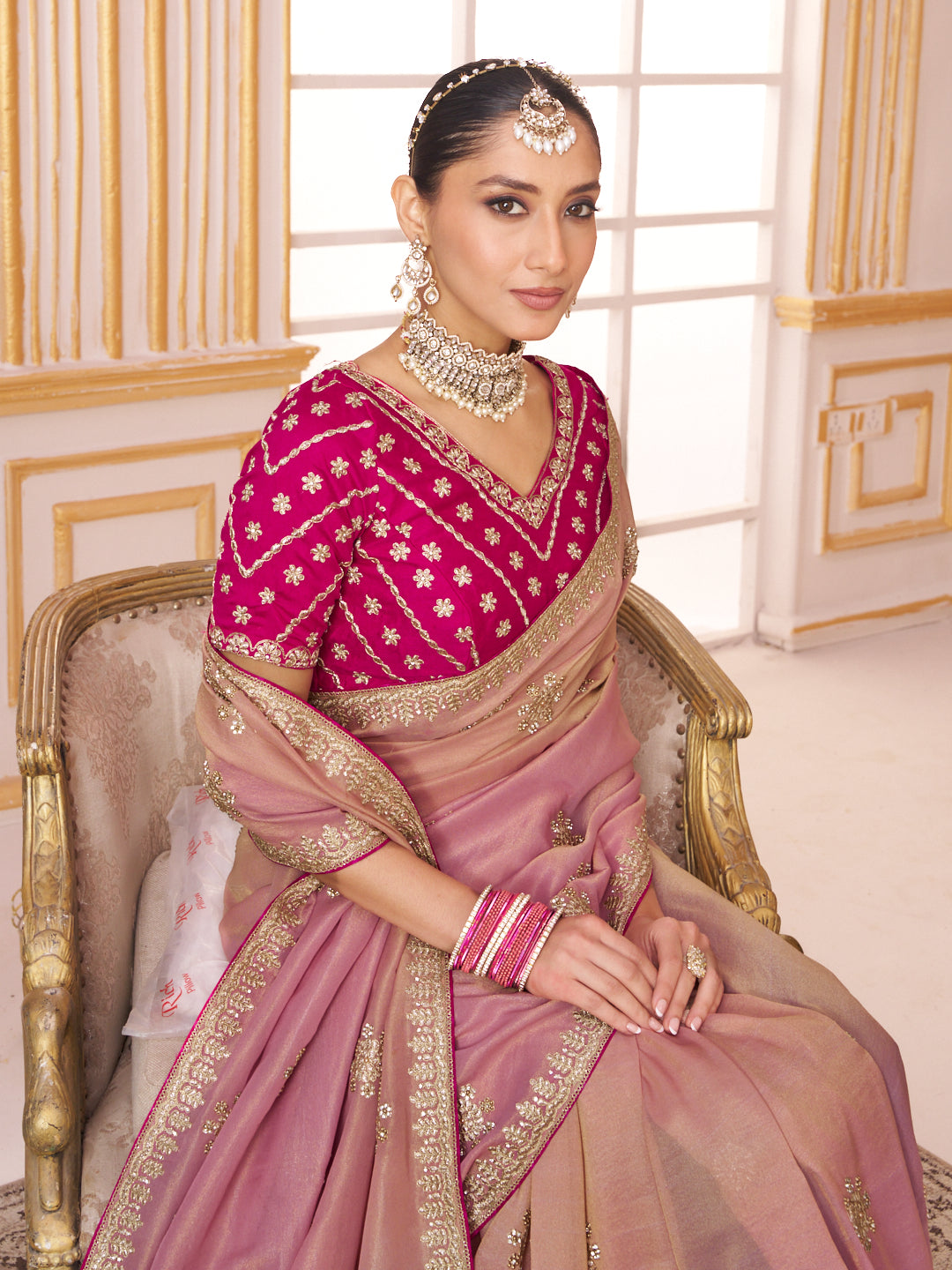 Laxmipati Chakor Pink Tissue Organza Saree with Zari Embroidery