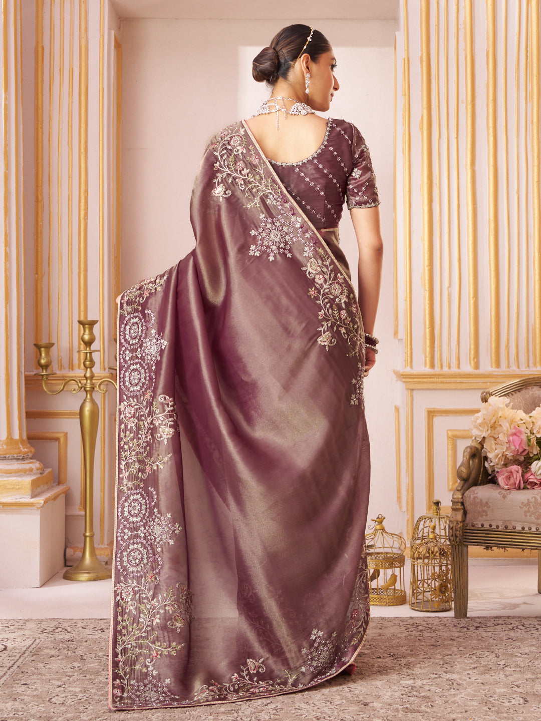 Laxmipati Chakor Purple Silk Saree with Floral Embroidery