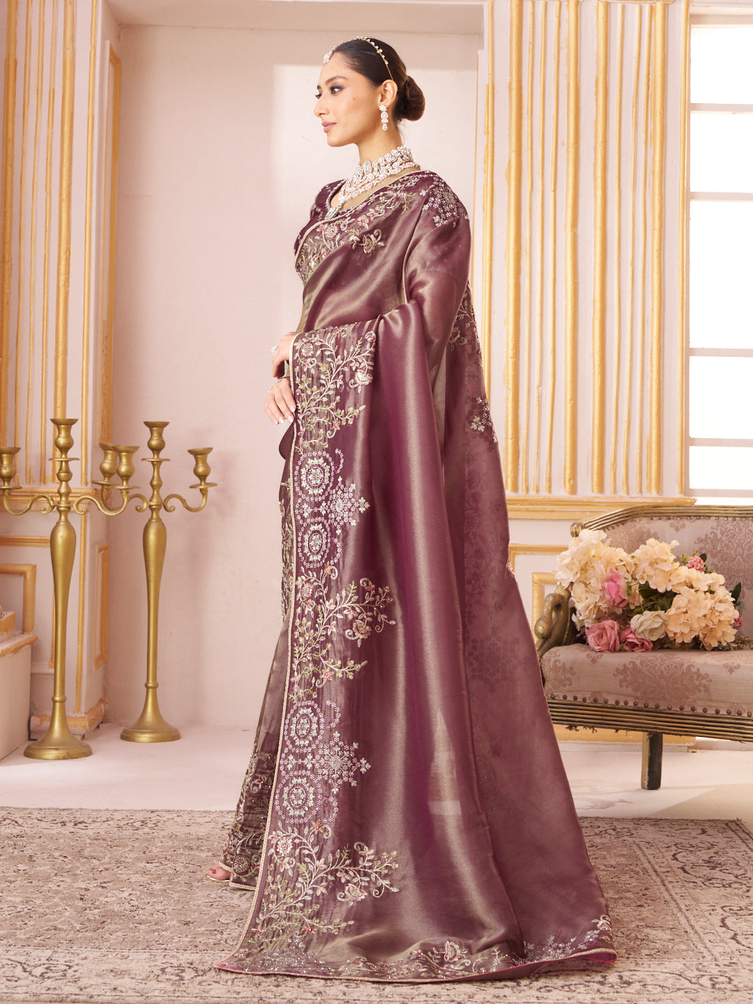 Laxmipati Chakor Purple Silk Saree with Floral Embroidery