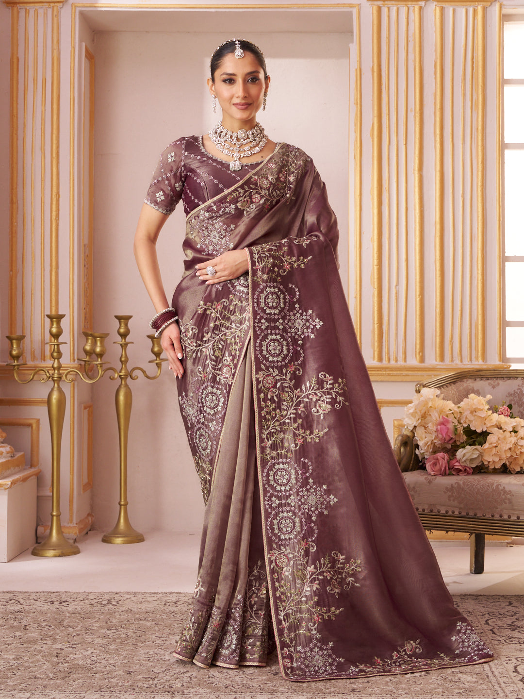 Laxmipati Chakor Purple Silk Saree with Floral Embroidery