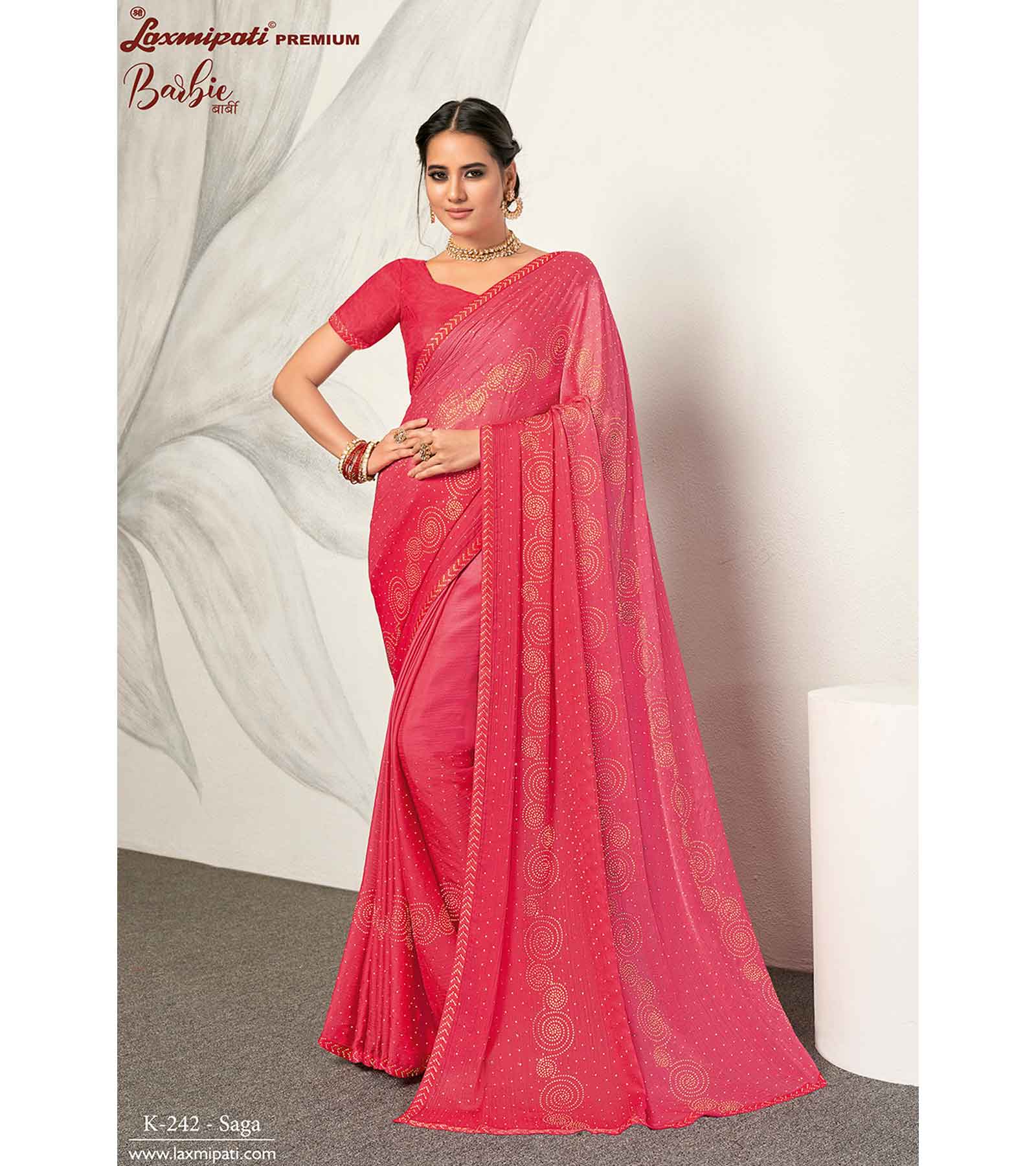 Laxmipati Barbie K-242 Satin silk,padding Tomato Saree