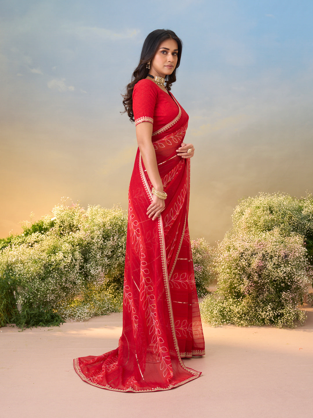Laxmipati Anaya Red Chiffon Saree with Floral Prints