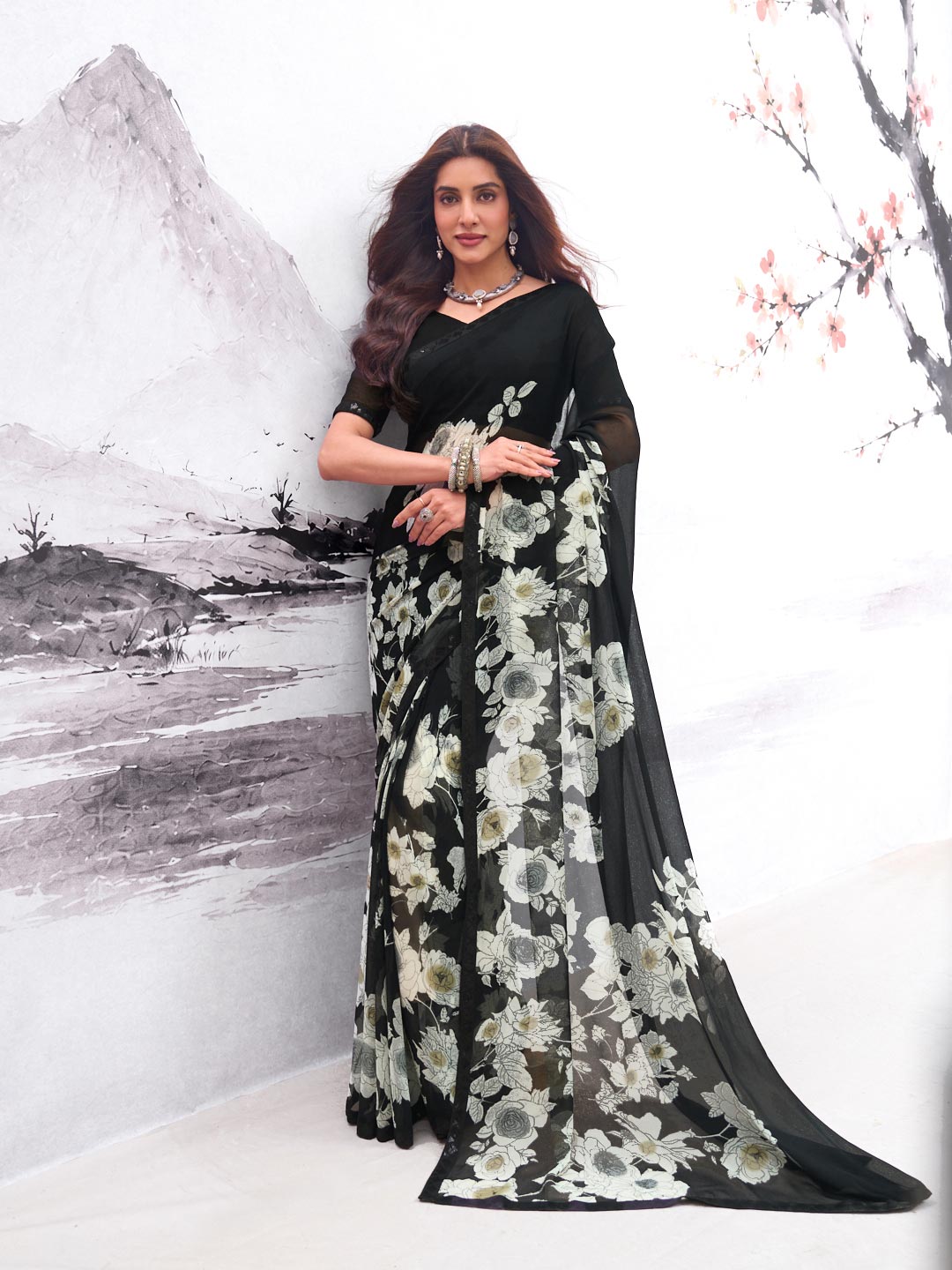 Black floral printed georgette saree party wear