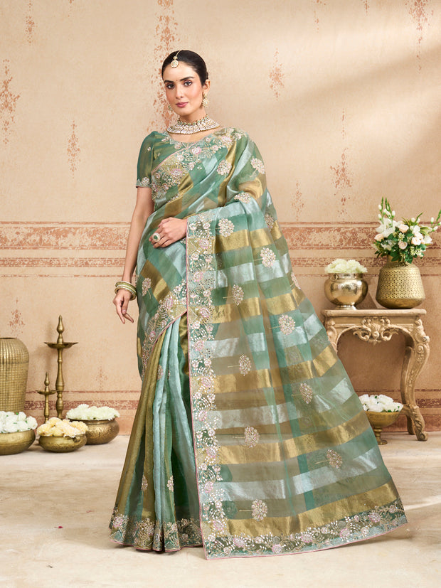 Green embroidered tissue organza saree festive wear
