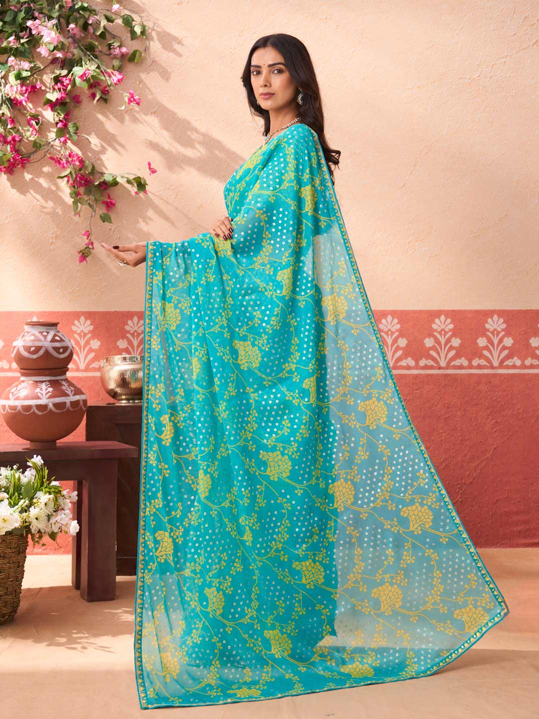Blue printed silk blend saree daily wear