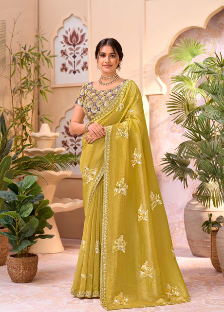 Yellow embroidered chiffon saree party wear