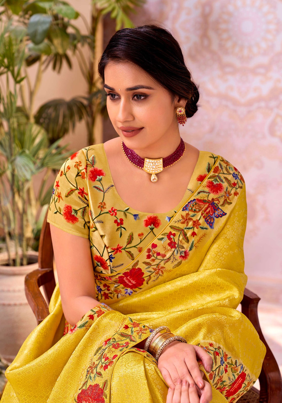 Yellow embroidered chiffon saree festive wear