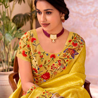 Yellow embroidered chiffon saree festive wear
