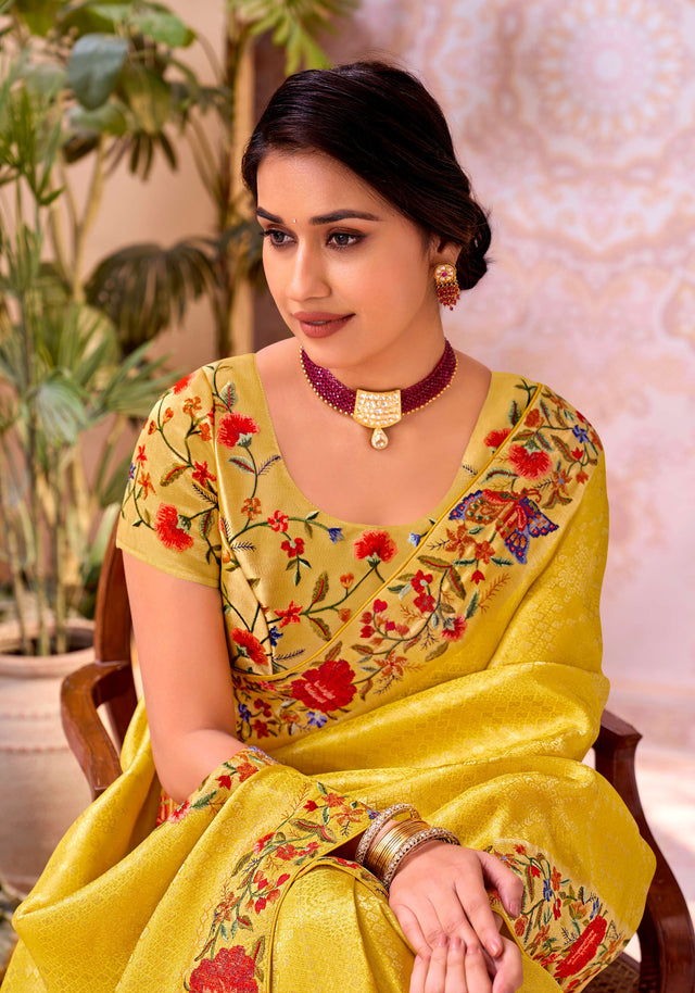 Yellow embroidered chiffon saree festive wear