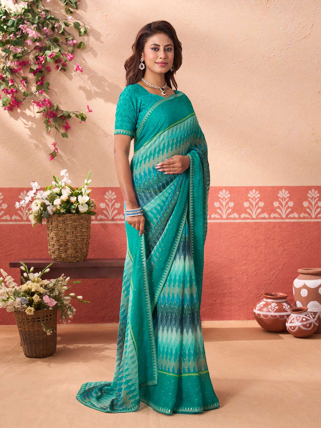 Blue printed chiffon saree casual wear