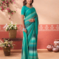 Blue printed chiffon saree casual wear