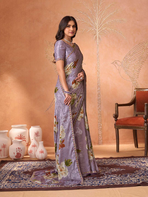 Purple embroidered silk blend saree daily wear