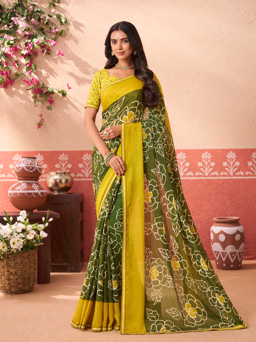Green floral printed chiffon saree daily wear