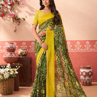 Green floral printed chiffon saree daily wear