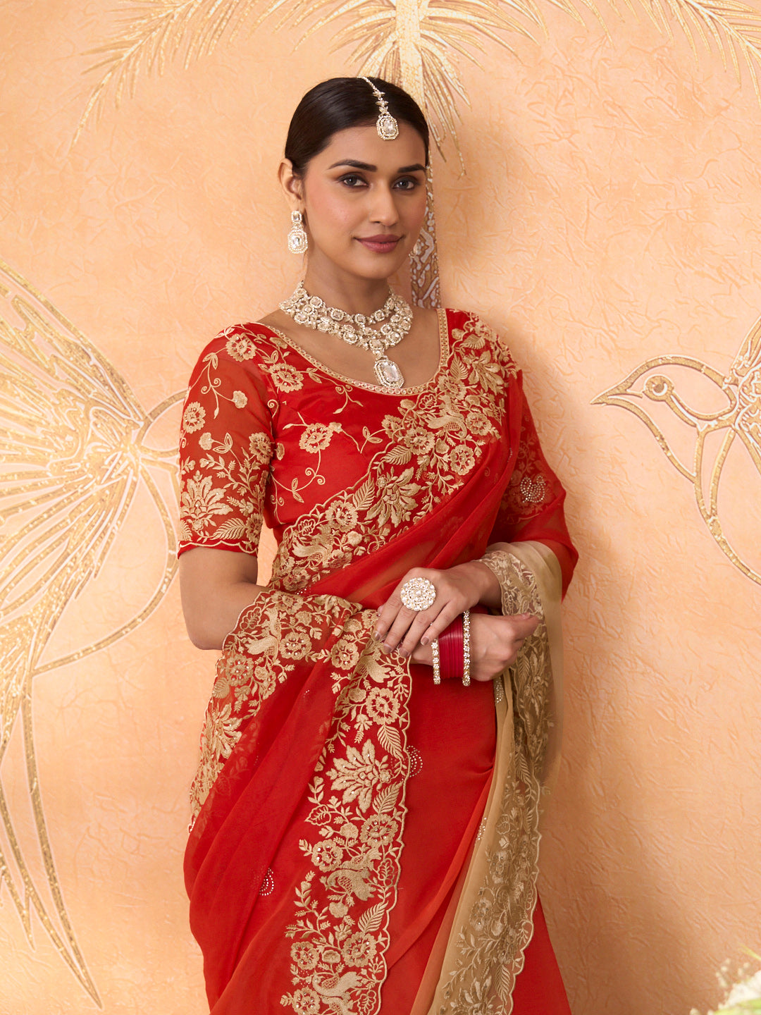 Red floral embroidered tissue organza saree wedding wear