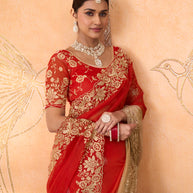 Red floral embroidered tissue organza saree wedding wear