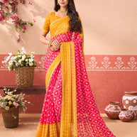 Pink geometric printed chiffon saree festive wear