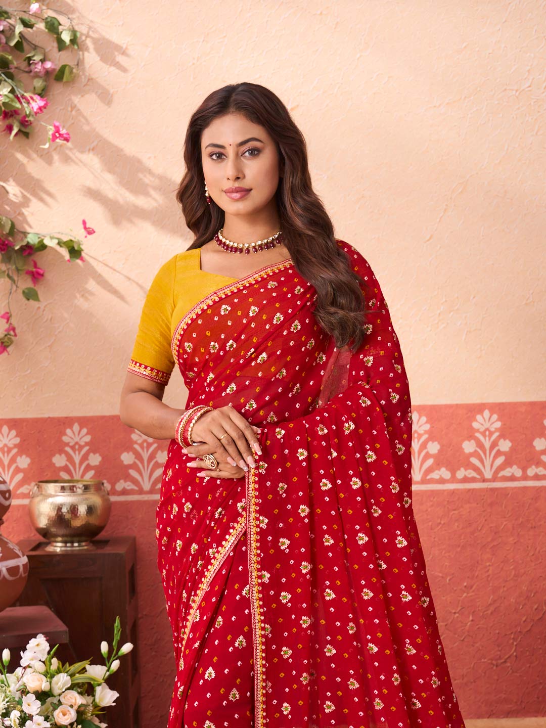 Red bandhani printed georgette saree wedding wear