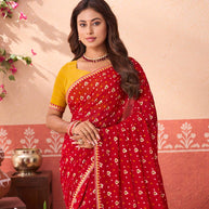 Red bandhani printed georgette saree wedding wear