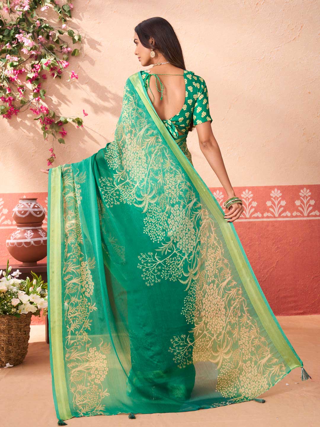 Green floral printed chiffon saree festive wear