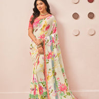 Cream printed georgette saree daily wear