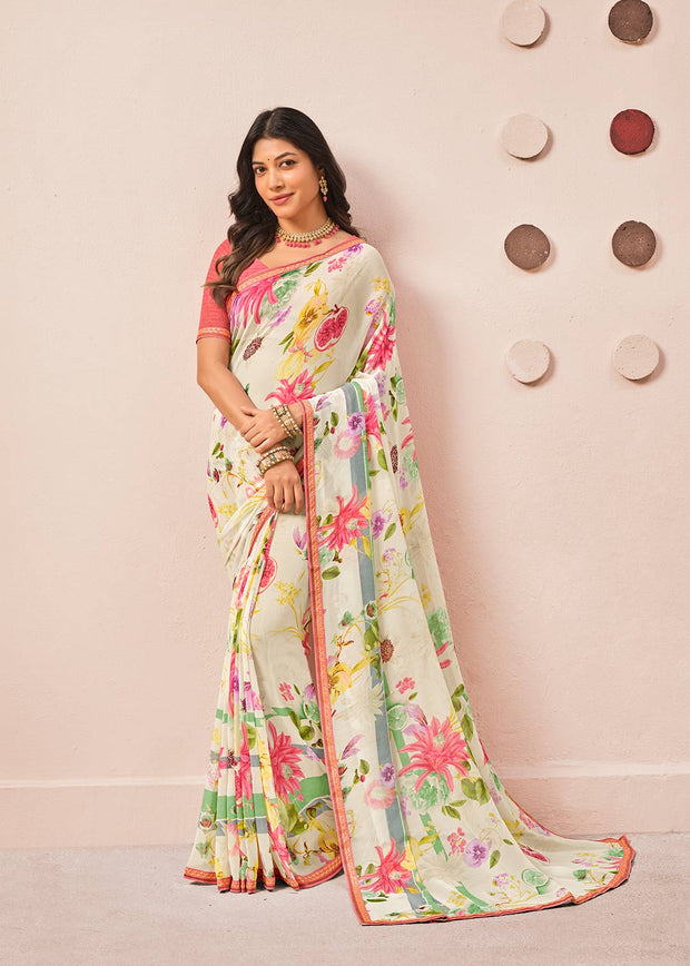 Cream printed georgette saree daily wear